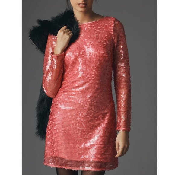 By Anthropologie Sequin Drape-Back Mini Dress Pink Size 12 - Picture 2 of 13
